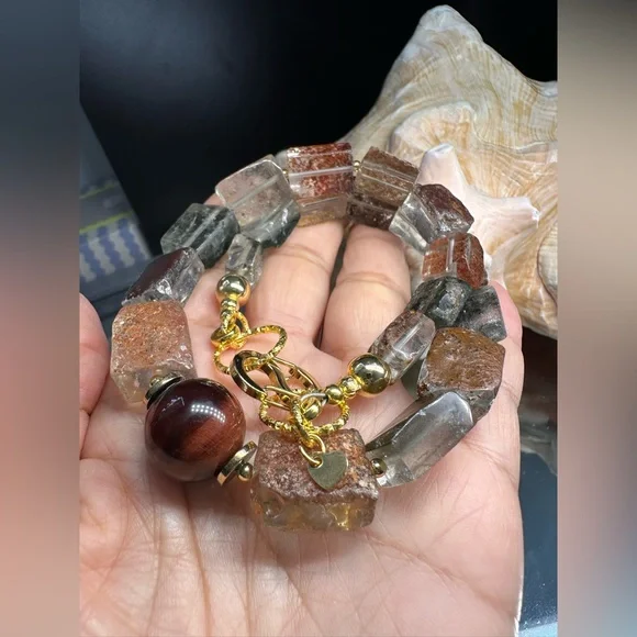 GOLDEN PHANTOM QUARTZ + TIGERS EYE STONES NATURAL NECKLACE - Picture 8 of 16